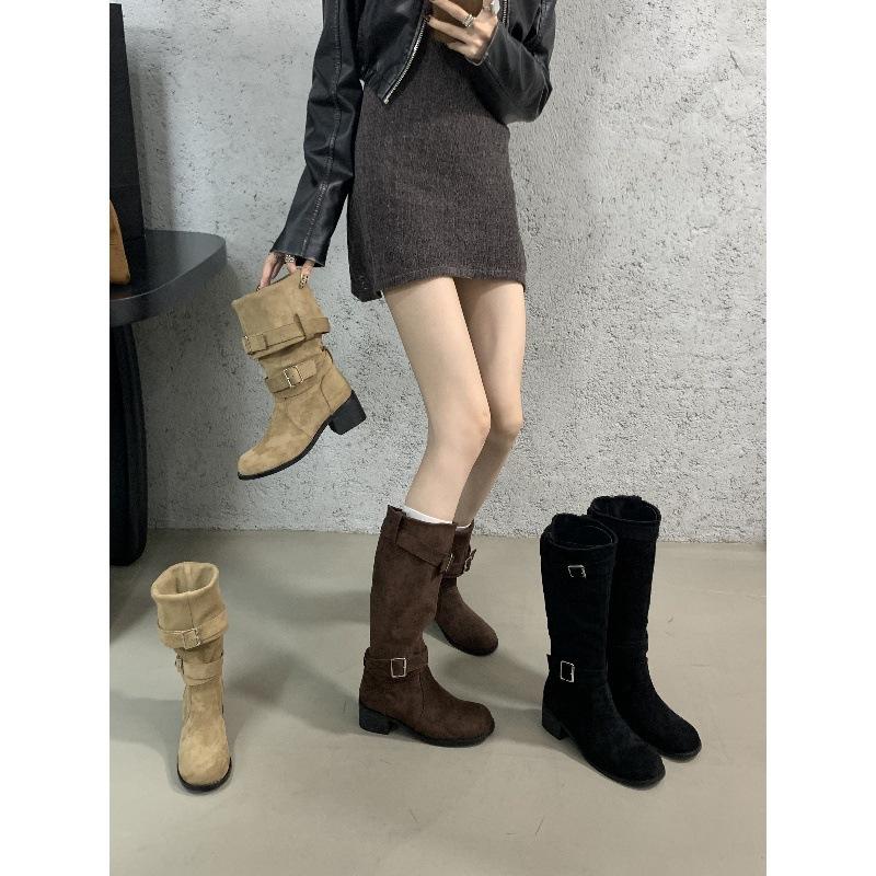Thick Heel But Knee Skinny Knight Martin Boots Women's Vintage Suede High Heel Long Barrel Pile Long Boots