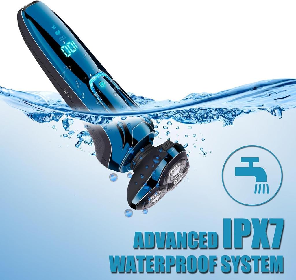 Electric Rotary Close and Fast IPX7 Wet and Dry Fully LED Battery Level Safety Care USB Rechargeable Men's Shaver, 3-Blade Shaver, Shaving,