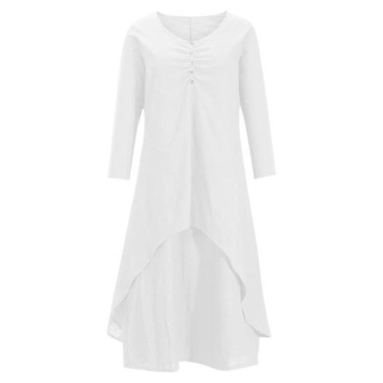 Plus Size Women Maxi Dress Irregular Layered Hem Round Neck Ninth Sleeves with Pockets Loose Beach Dress Solid Color