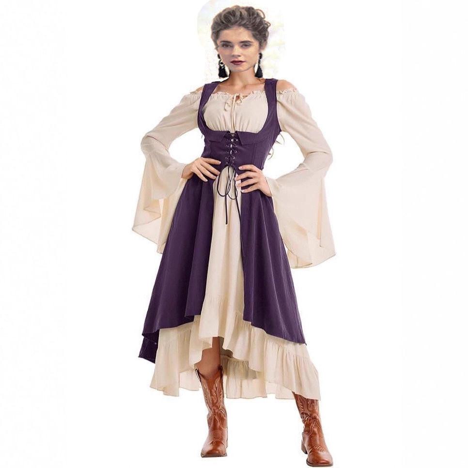 European Medieval Stage Gown With Spliced Polyester And Spandex Fabric For Theatrical Events