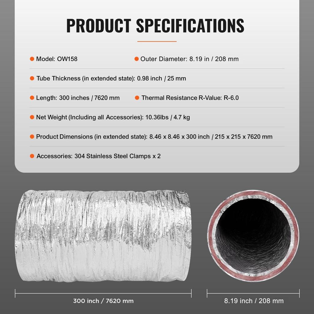 Dryer Vent Hose, 152.4MM Insulated Flexible Duct 7.62M Long with 2 Duct Clamps, Heavy-Duty Three Layer Protection for HVAC Heating Cooling Ventilation