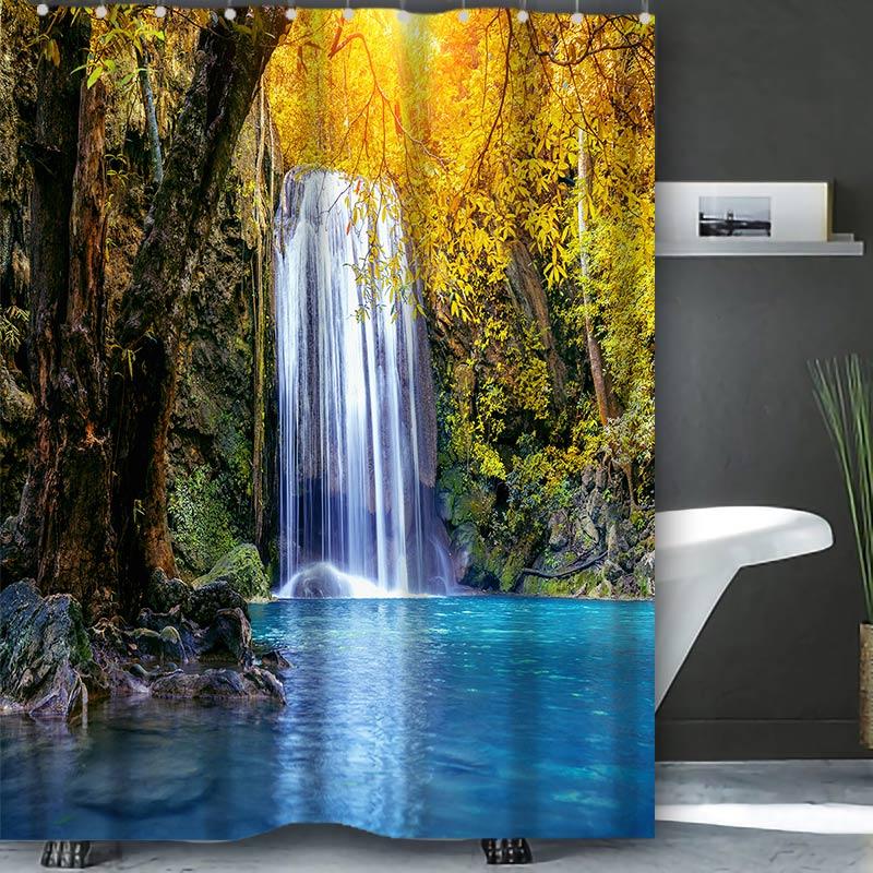 Beautiful Waterfall Bathing Curtain  Bathroom Shower Curtain Waterproof With 12 Hooks Home Deco Free Ship