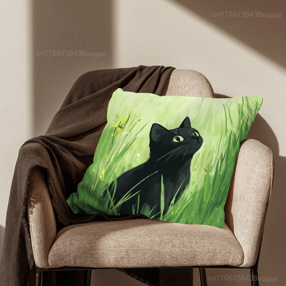 Tecknad Svart Katt Kuddfodral för Soffa i Vardagsrummet För Hem- och Sovrumsinredning och Skydd