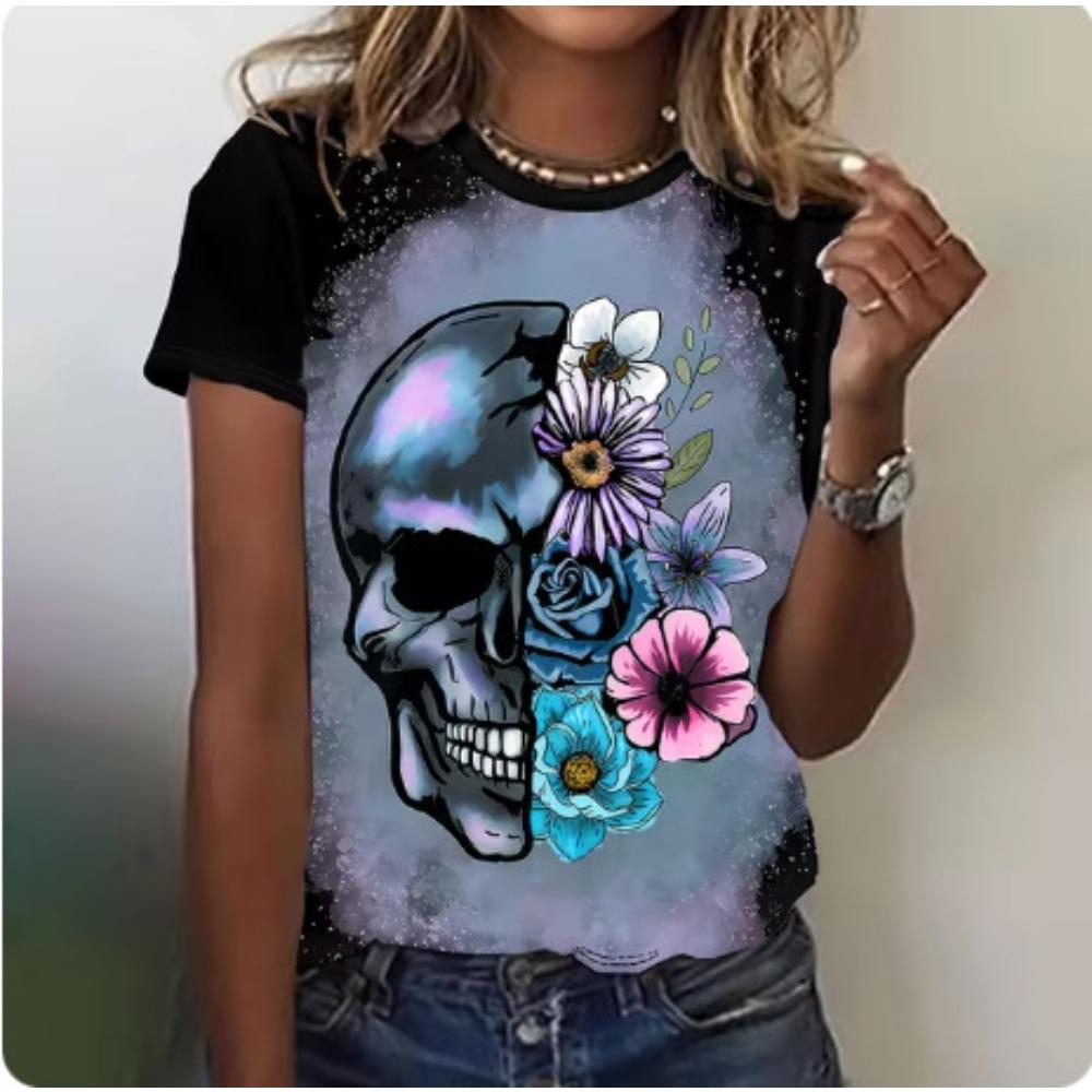 Summer Horror Skull Gothic Style 3D Printed Women's Street Round Neck Short Sleeved T-shirt