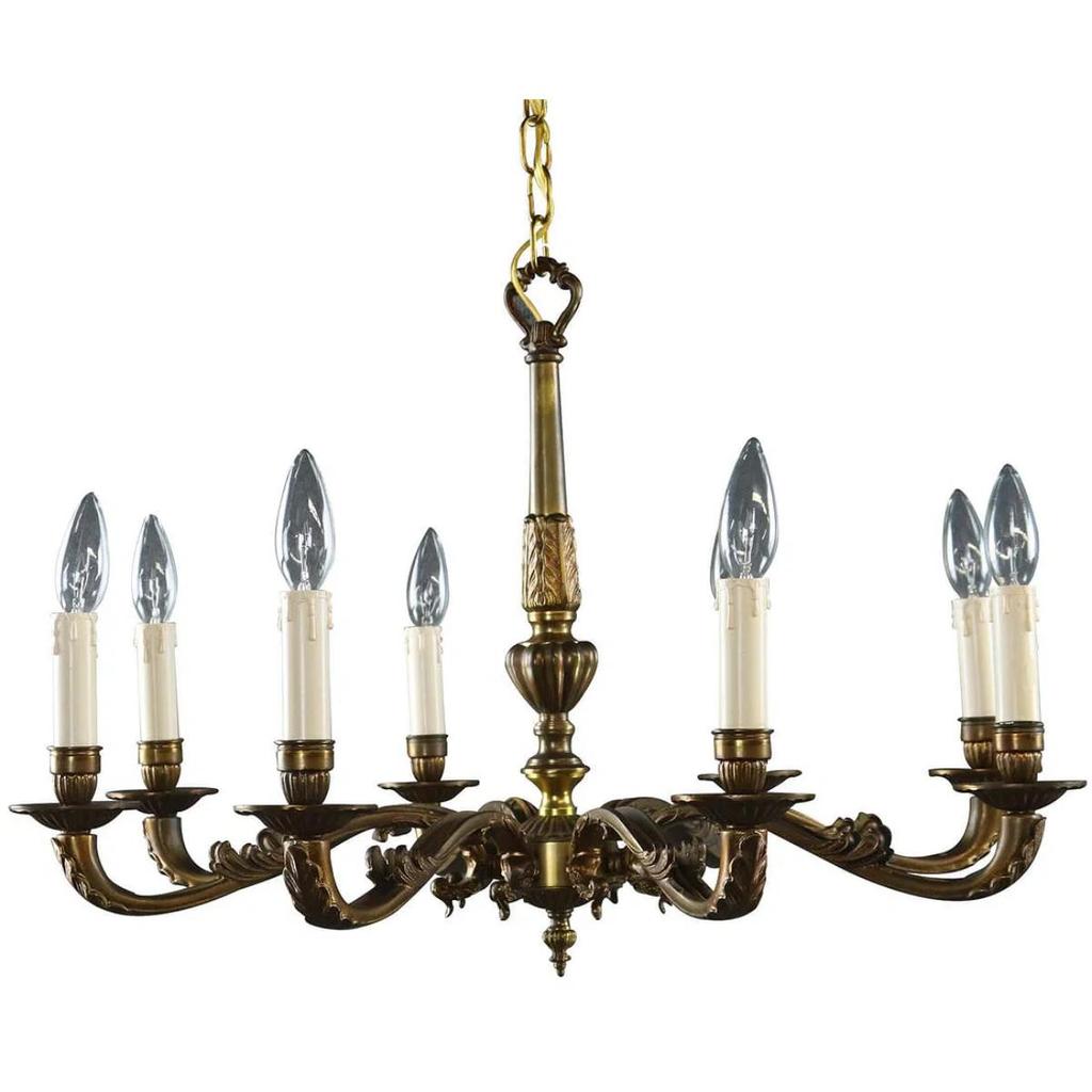 Vintage 1950s Rococo Chandelier 8 Light Antique Brass Copper Ceiling Light Fixture Luxury Home Decor