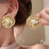 Exaggerated Metal Flowers Zircon Stud Earrings For Women Fashion Gold Color Hollow Round Temperament Earrings Zircon Party Gifts