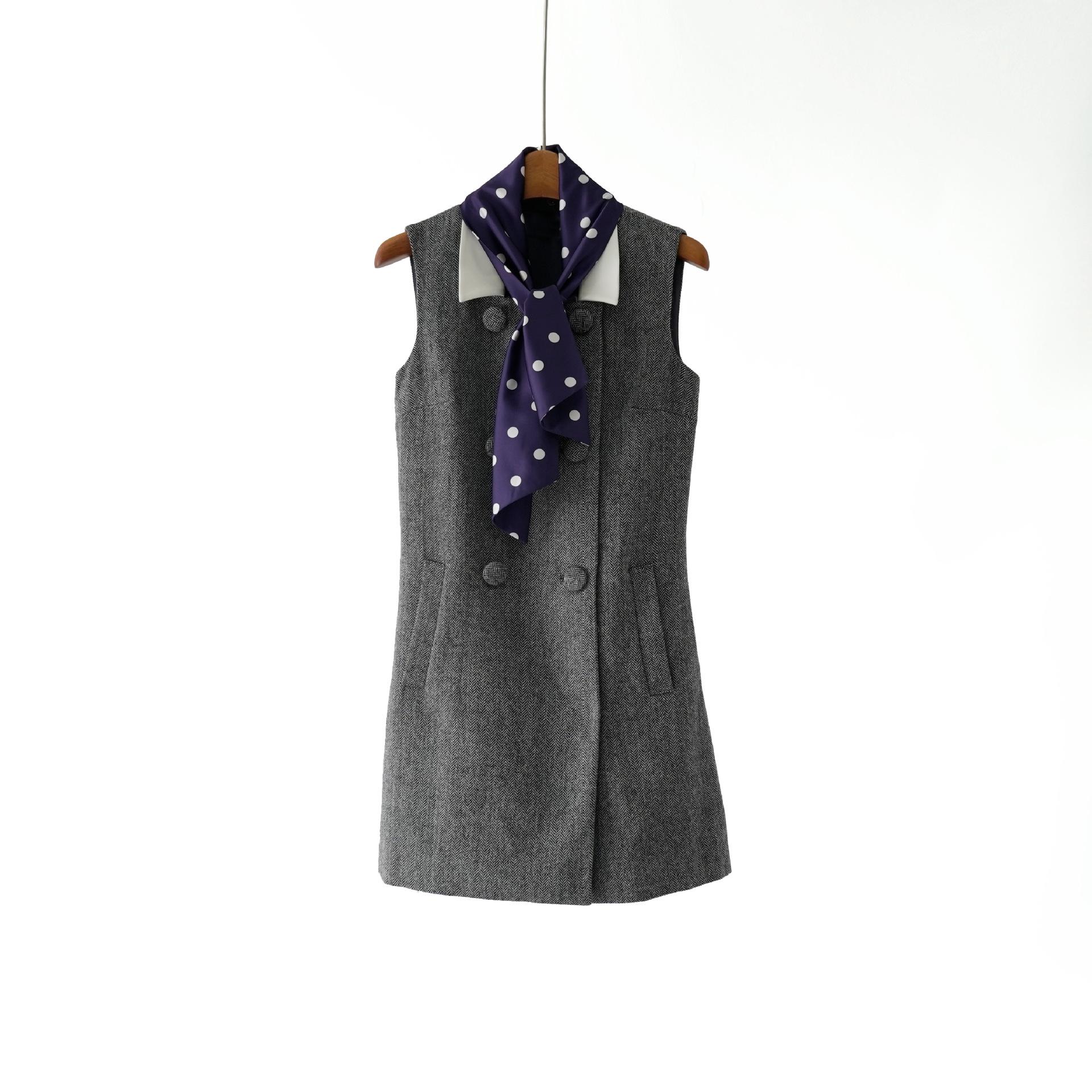 Grey Herringbone Wool Dress with Detachable Scarf - Women s Early Spring Collection S