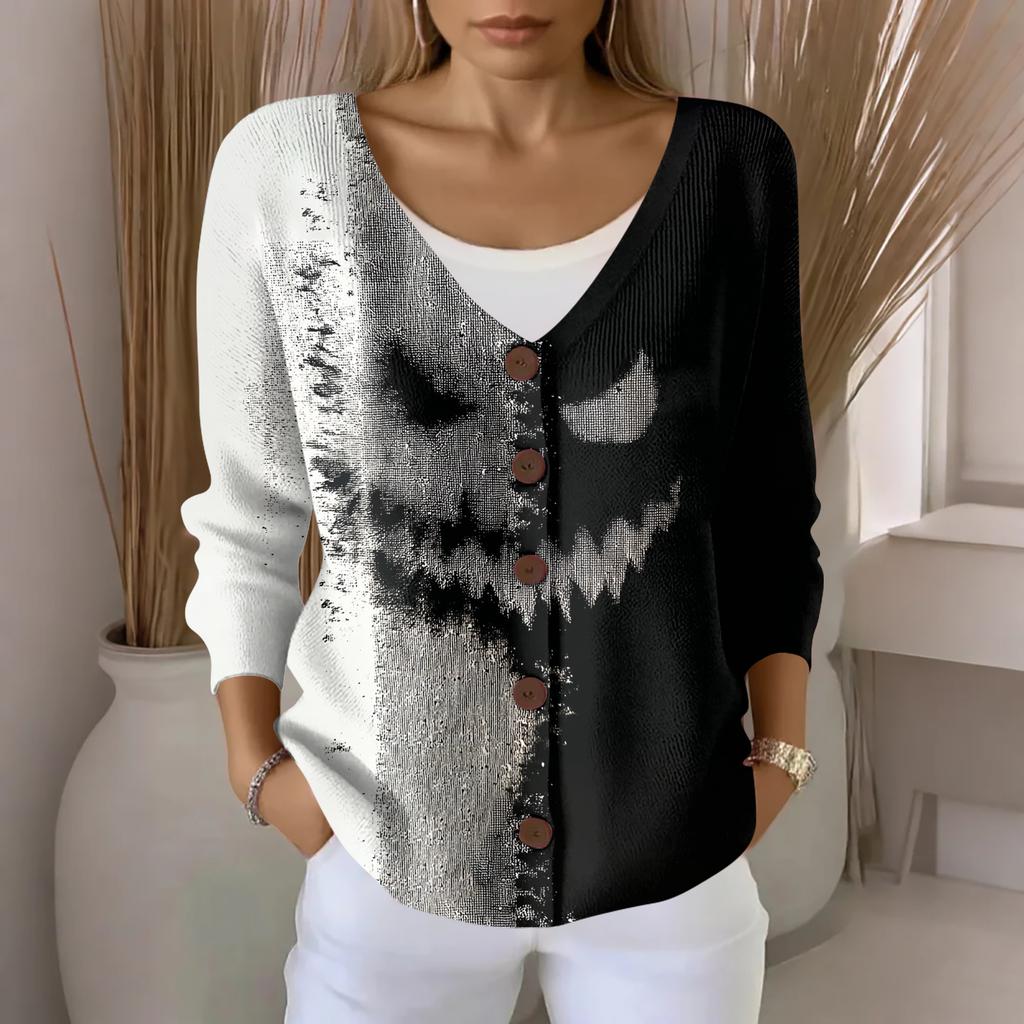 Women's Fashion Casual Knit Sweater Button-Up Halloween Printed  Cardigan Jacket