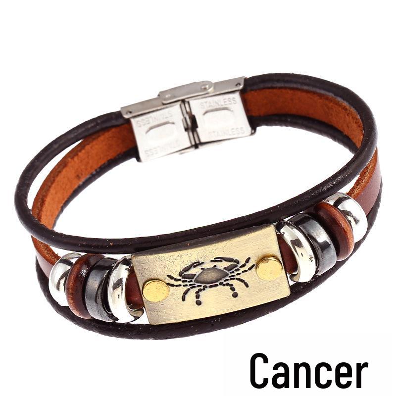 Twelve Constellations Cowhide Bracelet with Stainless Steel Buckle - Genuine Leather
