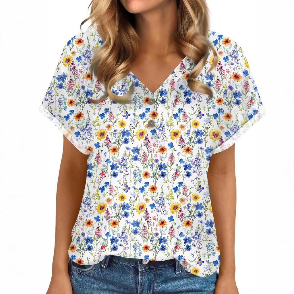 Linen Tops For Women Summer V Neck Short Sleeve Length Sleeve Womens Tops Casual Loose Fit Blouses