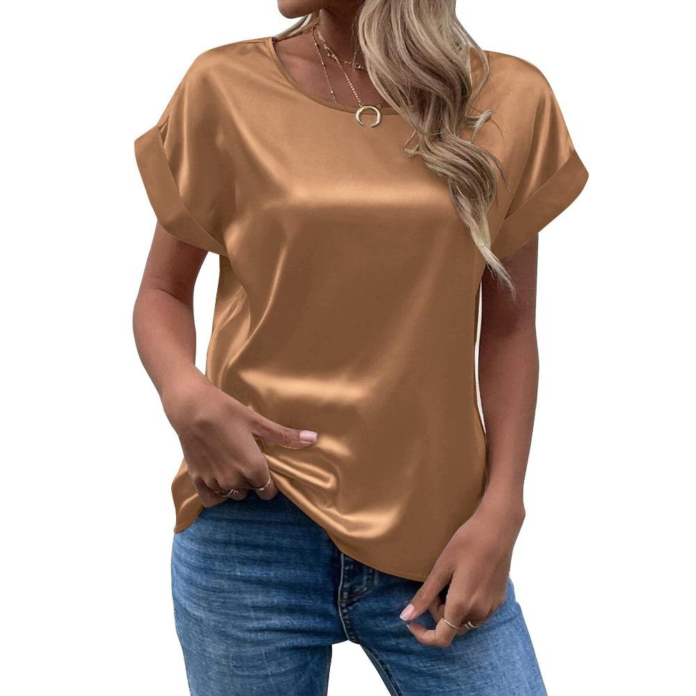 Summer OL Elegant Satin Pullover Round Neck Straight Loose Women T-shirt