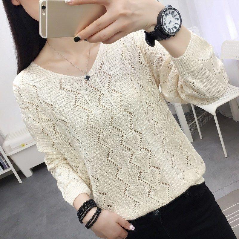 Top de Punto de Cuello Redondo Talla Grande para Mujer Otoño e Invierno Suéter Holgado Calado Capa Base Estilo Coreano Prenda Superior de Otoño