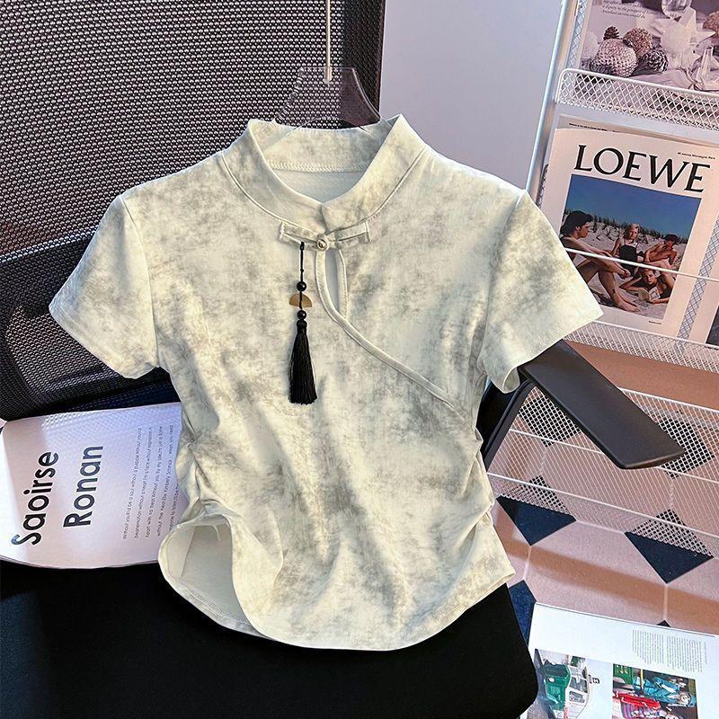 New Chinese Style Disc Buckle Tie-dye Irregular Slim-fit Short-sleeved T-shirt Women's Summer New Short Versatile Clothes