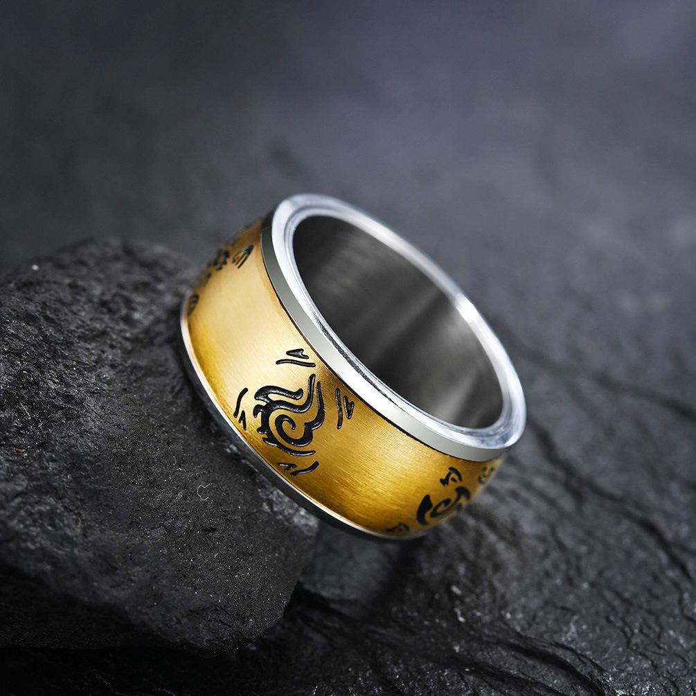Sun Moon Nebula Electric Rotating Ring with Chinese Style Pattern and Mens Gold Plated Ring Symbolizing Brave Struggle and Tolerance