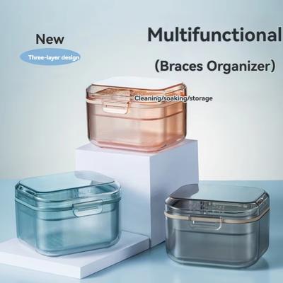 1PC Portable Denture Case Orthodontics StorageBox Denture Bath Box Cup with Strainer Basket for Travel Cleaning Mouth Guard Case