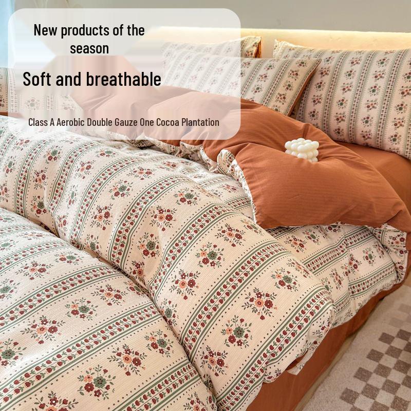 Class A Bamboo Cotton Double Layer Soft Four-Piece Floral Gauze Set for Mothers & Babies - Includes Student Dormitory Three-Piece Set
