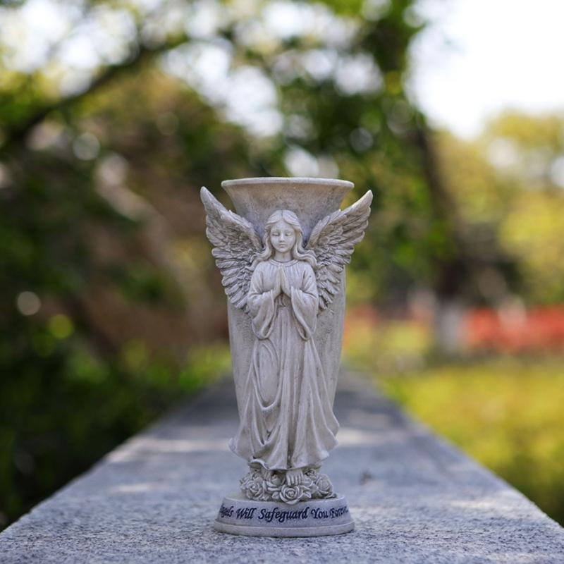 Cemetery Vases Praying Angel Sculpture Ornament Resins Outdoor Decors Flower Holder Pot For Memorial Garden Grave Site