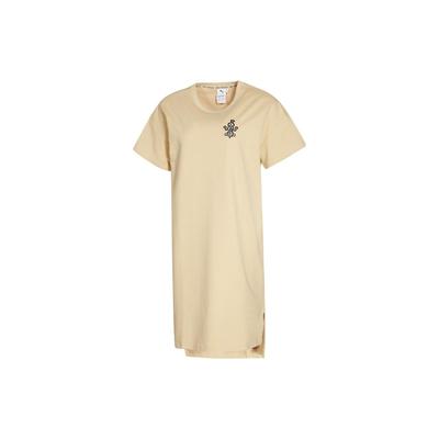 Embroidered Back Pattern Loose Round Neck Short Sleeve Dress Women Dress Khaki 532148-20