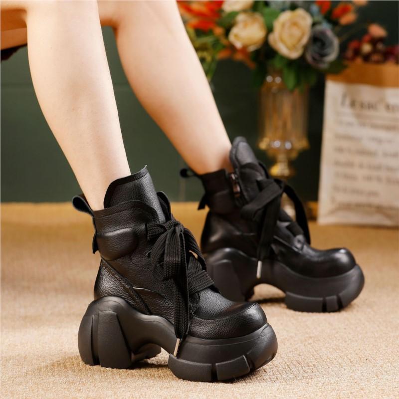 Johnature Genuine Leather Thick Soled High-heeled Boots Retro Lace-up Women's Short Platform Boots