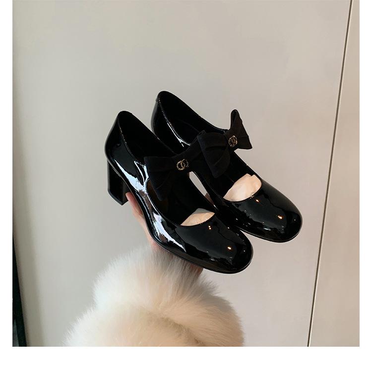 Whole cowhide~ French bow leather thick heel high heels women's small fragrant Mary Jane single shoes small leather shoes ladyshoes