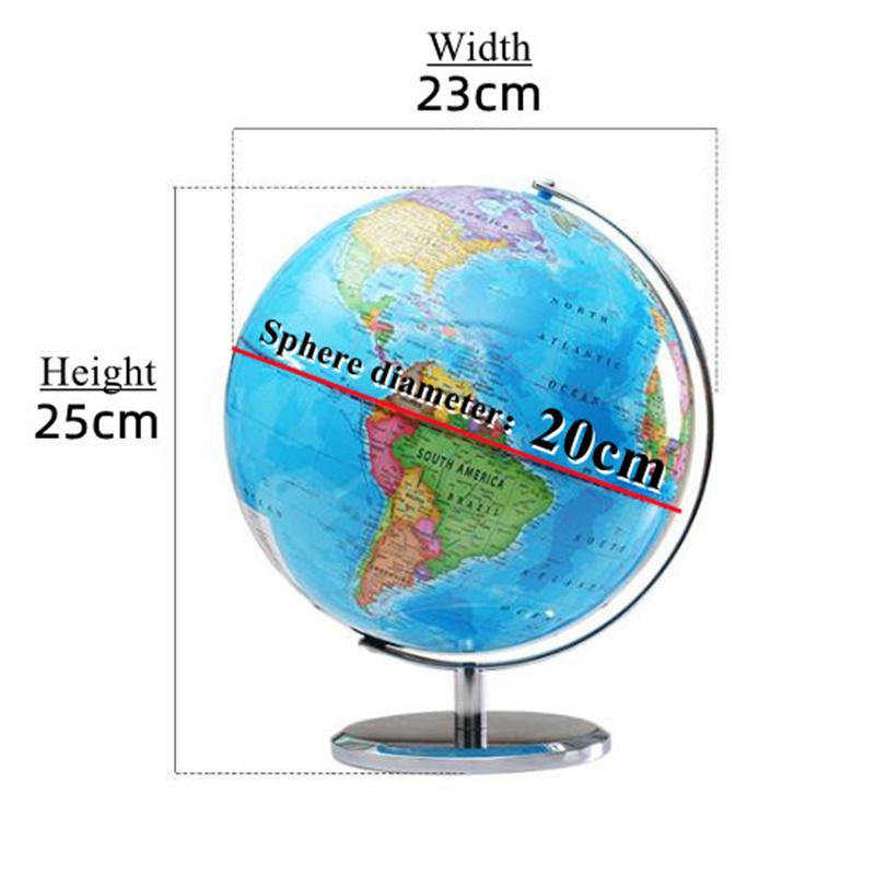 Kugeldurchmesser 20 cm, vollständig englischer Globus, HD-Druck, Schreibtisch, Unterricht, LED-Leuchten, Globus aus Metall, ABS, 360 ° drehbar, Bürohandwerk