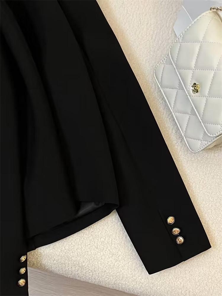 Women's Black Short Suit Jacket - Petite 2025 College Style Casual Streetwear for Spring and Autumn