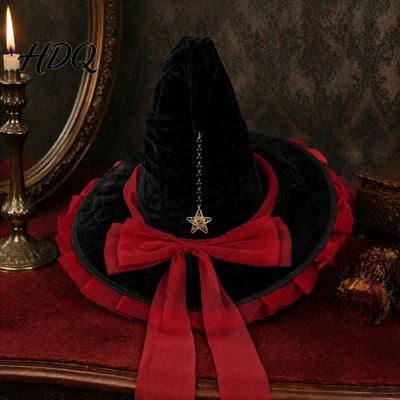 Lolita Stil Partyzubehör Gothic Hexenhut für Damen Mädchen, Vielseitiger Modischer Hut mit breiter Krempe und Schleife, Halloween Kostümzubehör, Elegante Kopfbedeckung