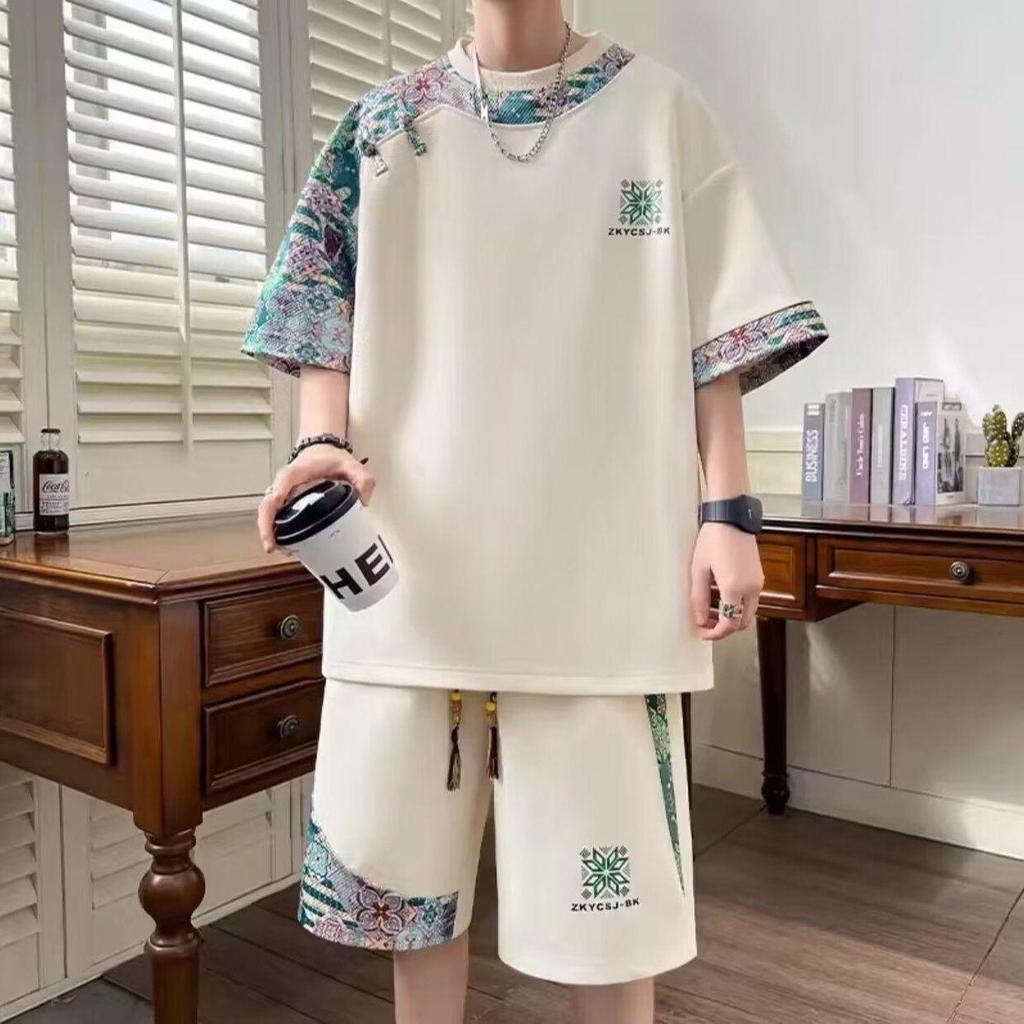 Summer Fashion Trend Print Comfortable Breathable Short Sleeve Shorts Set Men's Casual Loose Sports Plus Size Two-Piece Set