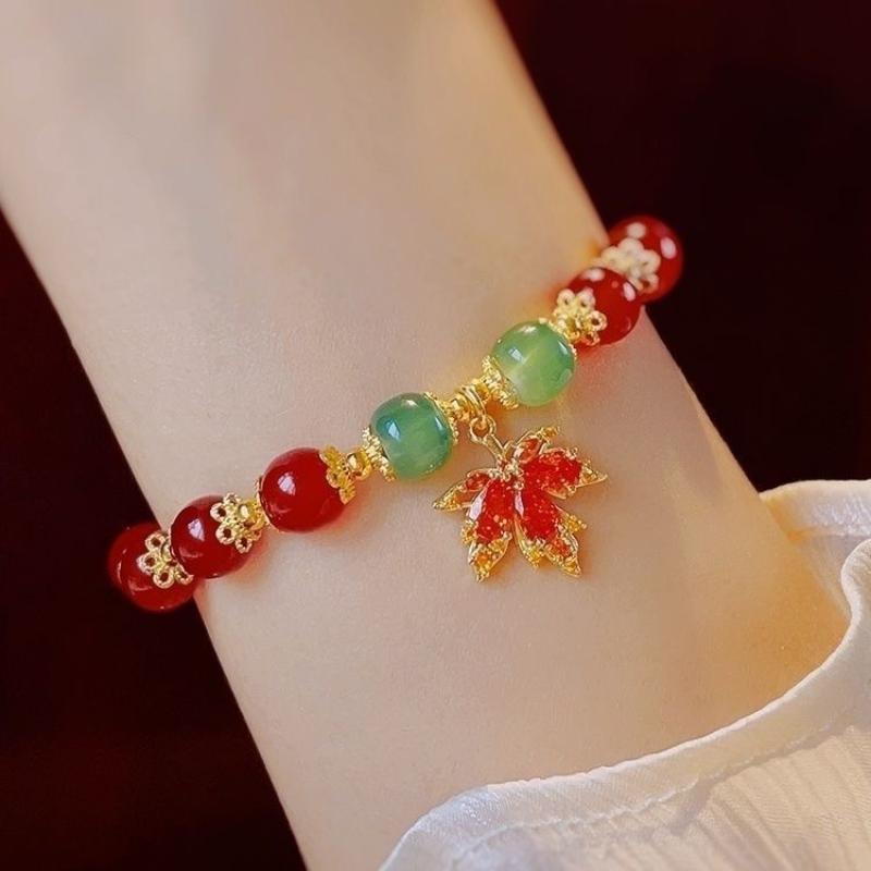 Chic Leaf Themed Red Jade Beads Bracelet for Women Ideal Jewelry Gift 1Pcs