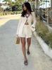 Women's Loose Fit Two Piece Outfit Set Long Bell Sleeve Tie Front Shirt Drawstring Waist Shorts Solid Color Beach Vacation Loungewear Set