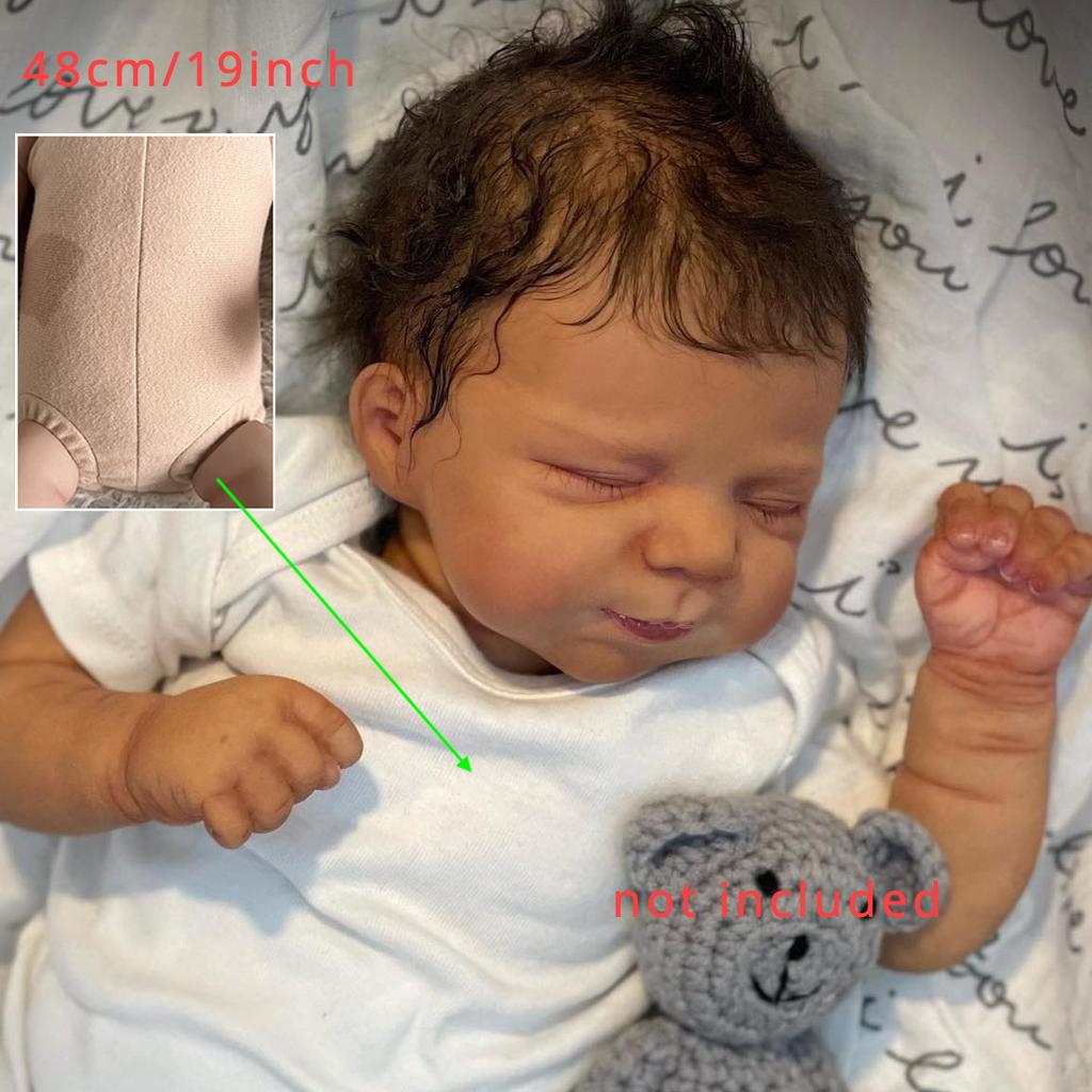 BZDOLL 48cm 19inch Soft Vinyl Reborn Baby Asleep Black Skin Doll Cloth Body Newborn Bebe Girl Toy for Kids Gift Lifelike