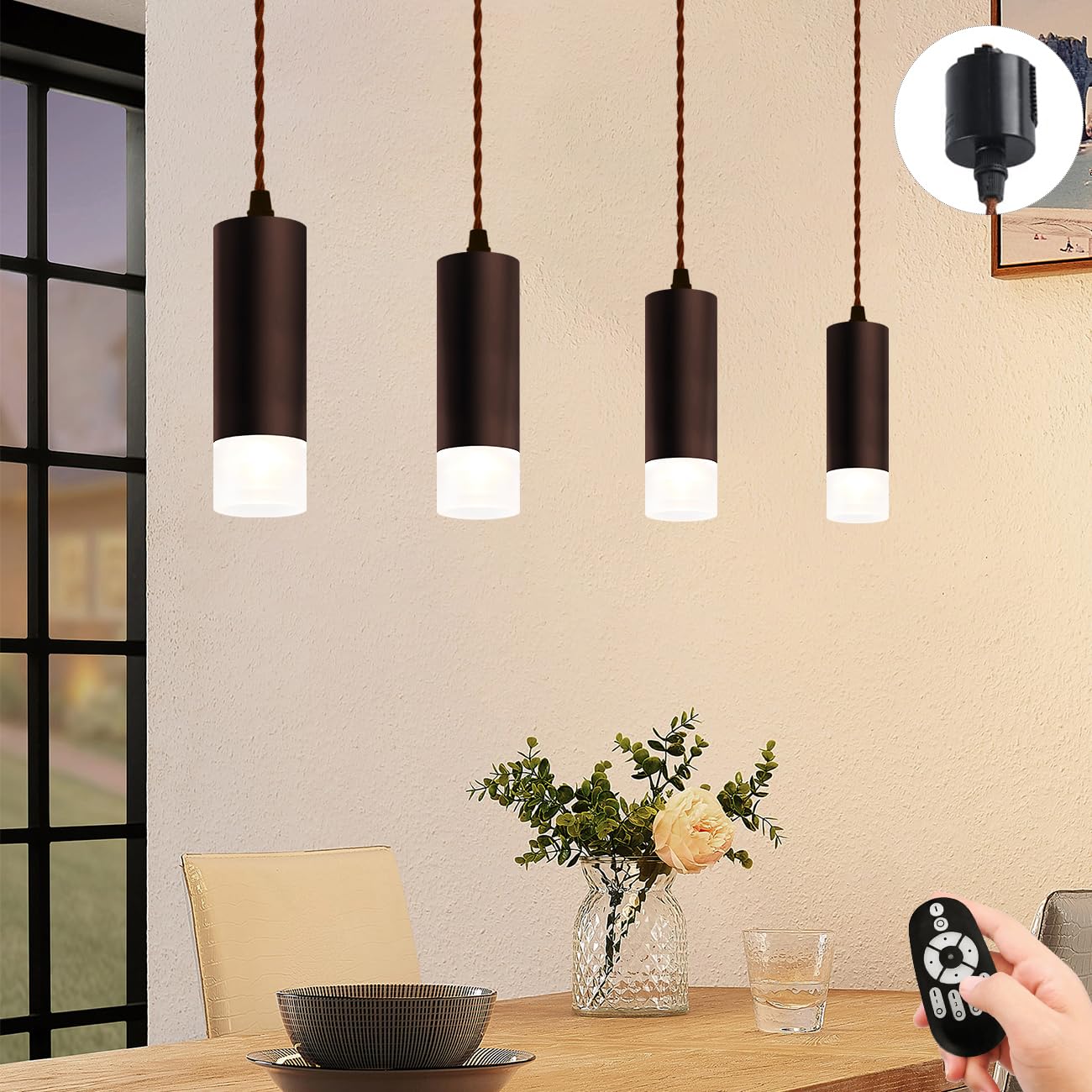 

LVWIT Set of 4 60W Equivalent Pendant Lights for Duct Rails, Stepless Dimming, Color Adjustment, Remote Control, 100cm Adjustable, Daylight, Neutral