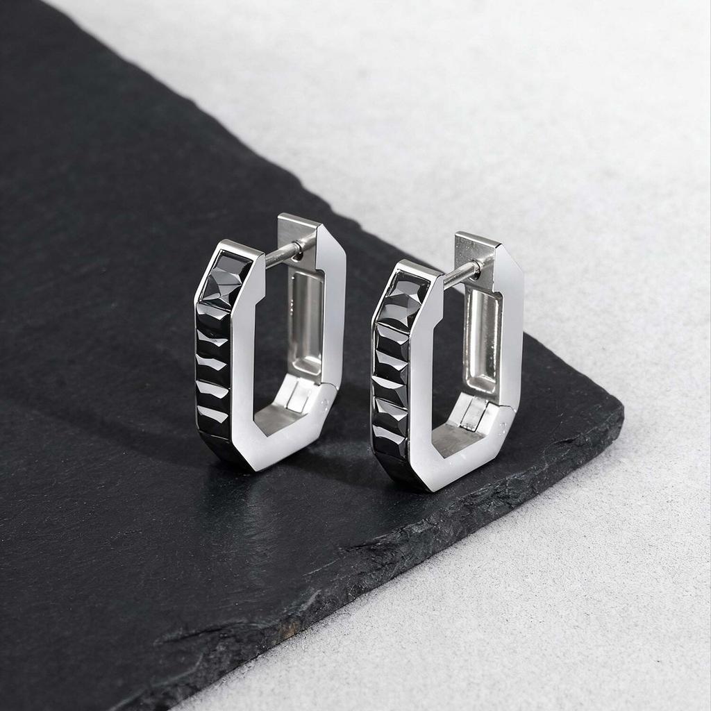 Vintage C-Shaped Rectangular Zircon Earrings for Men,Stainless Steel Hip-Hop Huggies Hoop Earring,Black Rhinestone Earring Gift