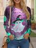 Women's All-match Halloween Shirt 3D Printed Little Ghost Pumpkin Combination Print Round Neck Long Sleeve Polyester Fabric Top