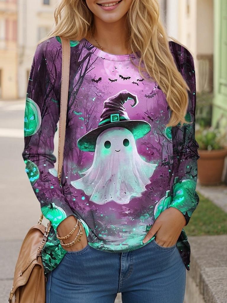 Women's All-match Halloween Shirt 3D Printed Little Ghost Pumpkin Combination Print Round Neck Long Sleeve Polyester Fabric Top