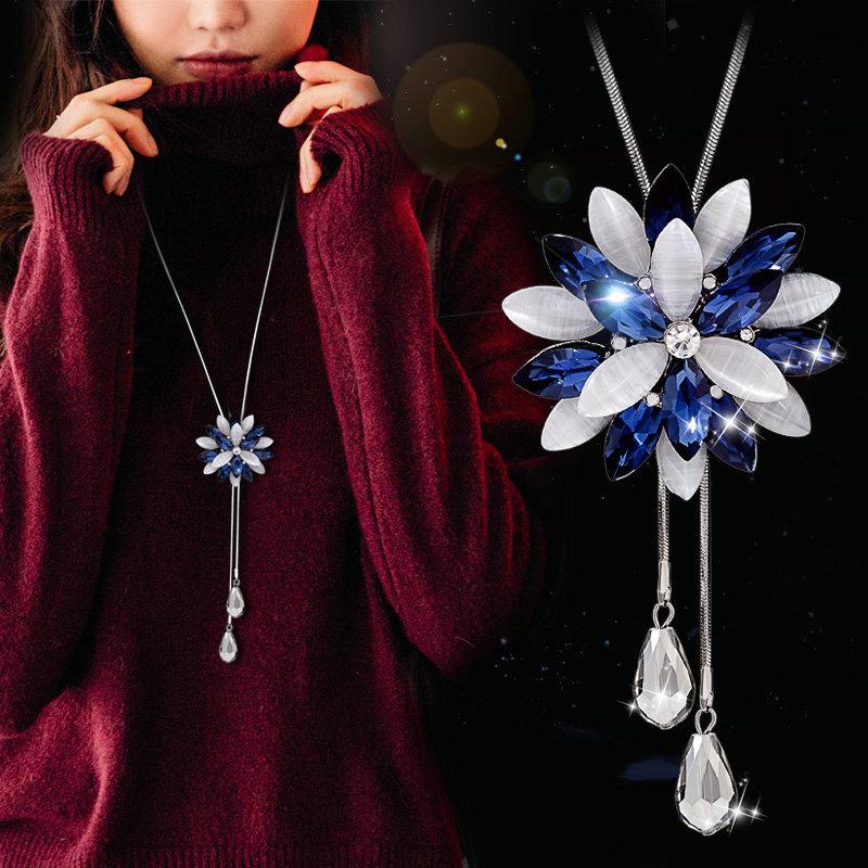 Geometric Crystal Long Sweater Chain Necklace for Women Metal Chain Necklace Fashion Jewelry Gift
