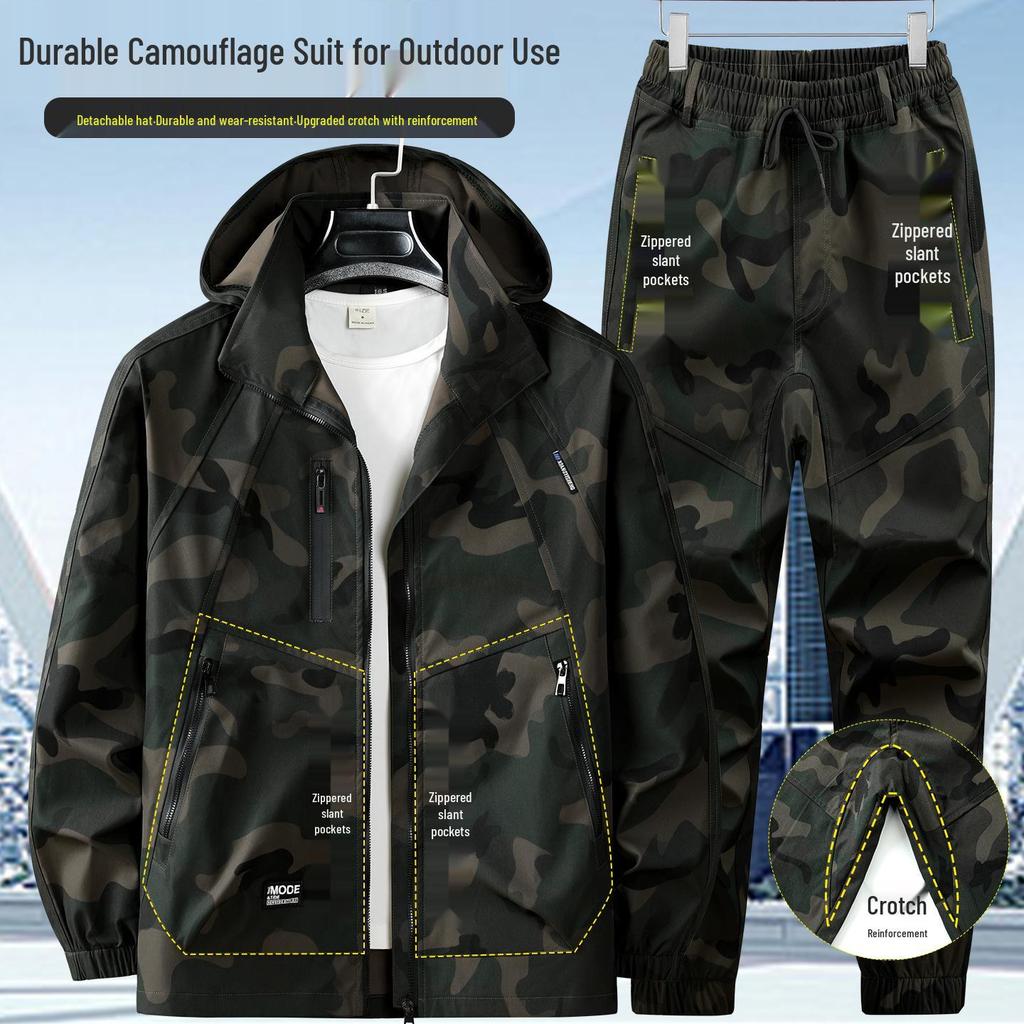 Men's Camouflage Hooded Workwear Set: Protective Mountaineering & Tactical Shell Jacket for Spring/Autumn