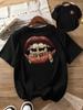 Hip-Hop Golden Grillz Lips Print T-shirt Crew Neck Short Sleeve Cross Graphic Tee Spring Summer Casual Daily Street Outfit