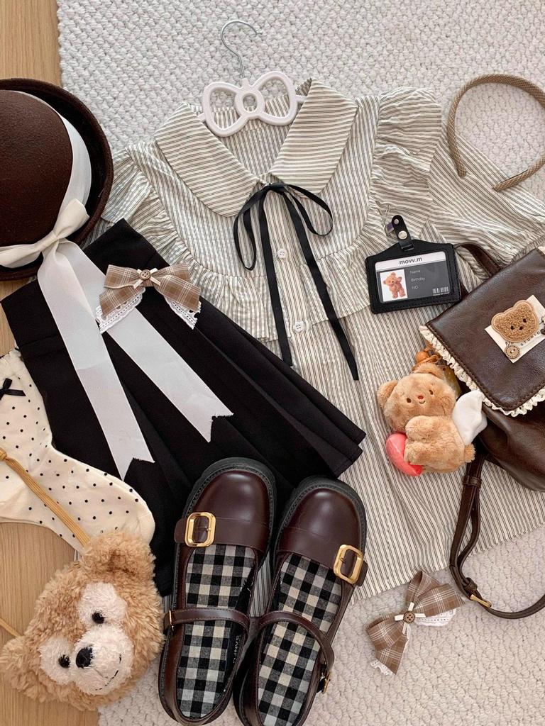 Women's Preppy Gray Striped Ruffle Puff Sleeve Two-Piece Set: Short-Sleeve Top and Skirt