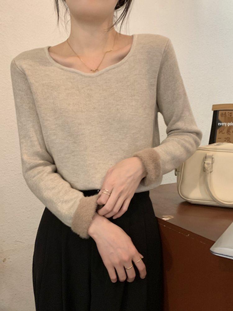 Women's Fleece-Lined Square Neck Sweater: Knit, Long Sleeve, Base Layer for Spring, Autumn, Winter 2025