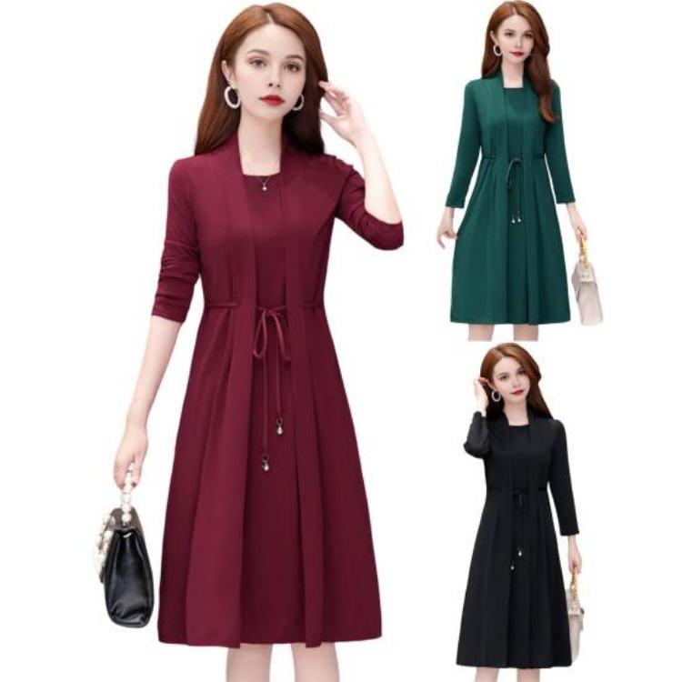 Elegant Plus Size Lady Dress Formal Office Commuting Midi Dress Long Sleeve A-line Lace-up Strap Fake Two-piece Style