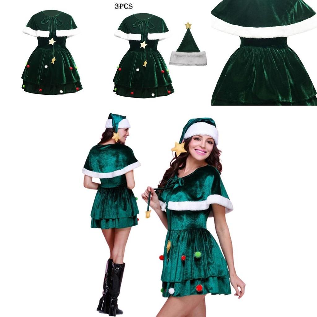 Gorgeous Women Christmas Tree Cosplay Costume Plus Size Xmas Dress Cloak Hat Party