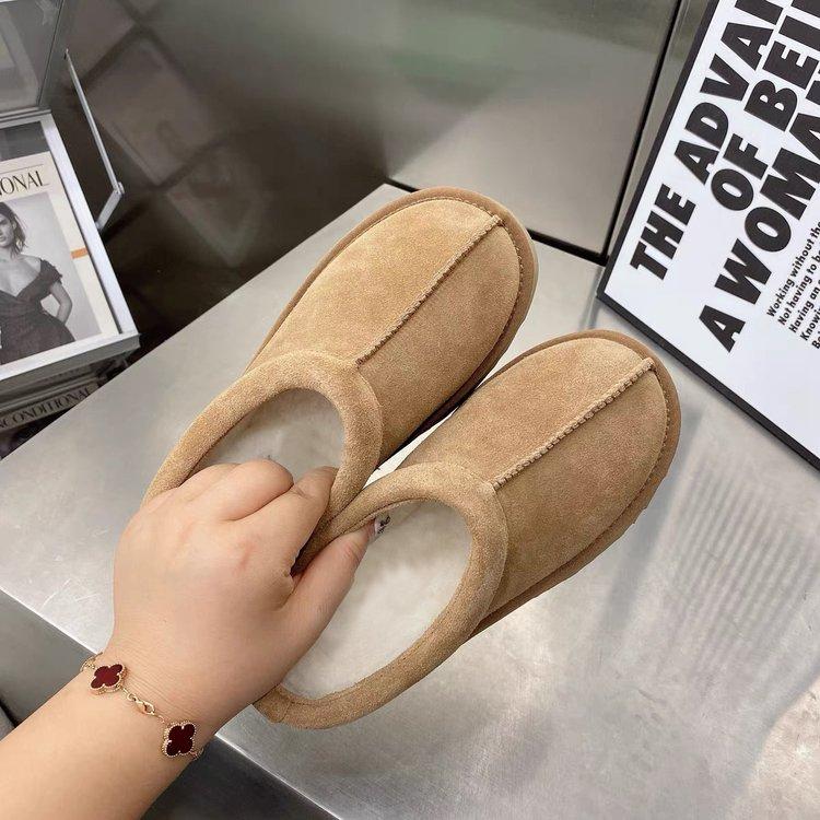 2025 New Women Mules Short Plush Slippers Suede Genuine Fuzzy Slippers Classic Quality Women Soft House Cotton Slippers