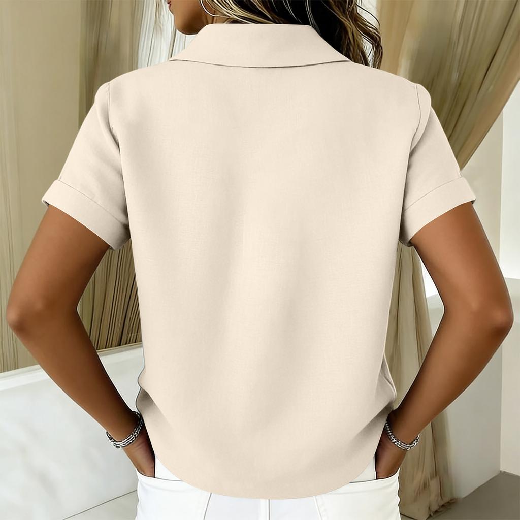 Ladies' Fashionable Casual Button Cotton Linen Short Sleeved Shirt Top
