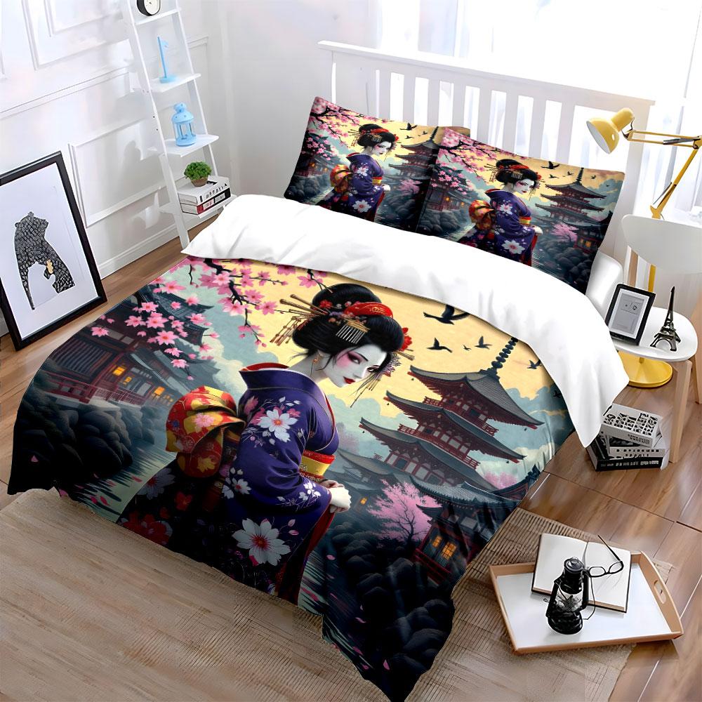 Geisha in Floral Kimono Scene Bedding Duvet Cover Set  (1*Duvet Cover 2*Pillowcases, without duvet insert)