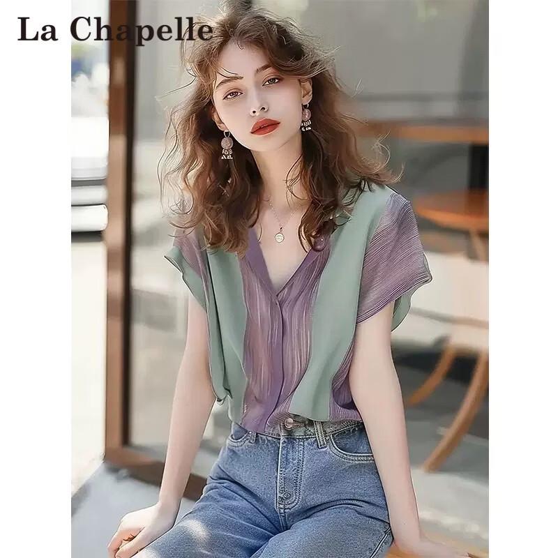 La Chapelle Women s Striped Patchwork V-Neck T-Shirt XL