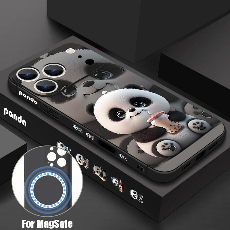 For iPhone 17 Pro Max Case Milk tea-drinking Panda Magnetic For Magsafe Silicone Cover For iPhone 16 Pro Max Funda iPhone 15 14 13 12 11 16E Air