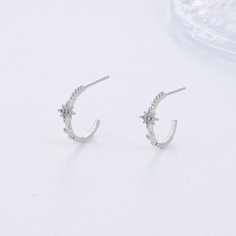 Rice Character Star Moon Earrings C Shape Light Luxury Temperament Shining Diamond Octagram Star Stud Earrings Female Tide