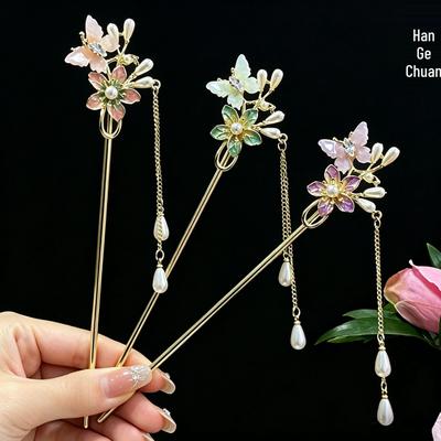 Traditional Floral and Butterfly Hairpins with Tassels for Elegant Hanfu and Qipao Styles