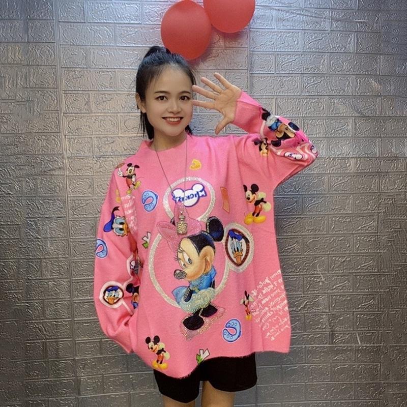 2024 European-Style Cartoon Loose Plus-Size Rhinestone Sweater for Women - Autumn/Winter Long Sleeve Knit Top